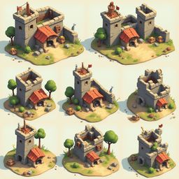 A 3D model of a medieval village features nine distinct buildings with red roofs, walls, and towers, scattered across a lush green isle.