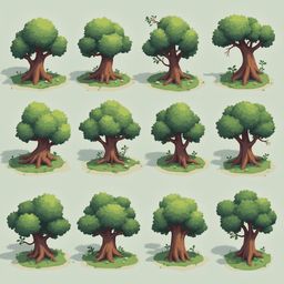 A 3x3 grid of stylized trees with varying foliage colors and shapes, rendered in a cartoonish style.