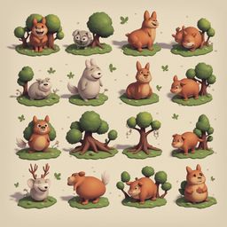 A 4x4 grid features cartoon animals and trees in various poses and expressions.