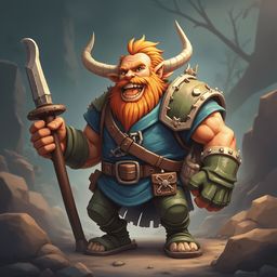 A bearded, horned warrior in blue and green armor stands on a rocky terrain, holding a sword and gazing determinedly.