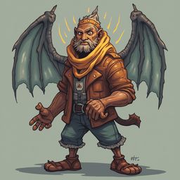 A bearded, winged man in a brown jacket, yellow scarf, and blue pants stands with outstretched arms, casting a shadow.