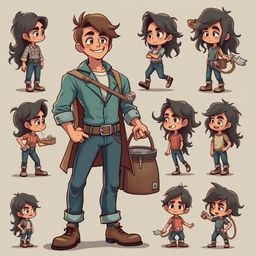 A cartoon character, depicted in multiple poses and outfits, stands against a light beige background, smiling and holding a brown bag.