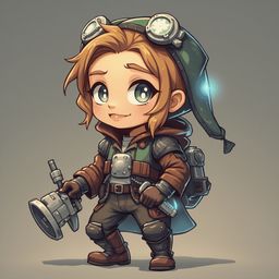 A chibi-style character with blonde hair, green eyes, and brown attire holds a silver device and wears a green hat with goggles.