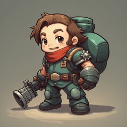 A chibi-style character with brown hair, wearing a green outfit and carrying a gray gun, stands against a light brown backdrop.