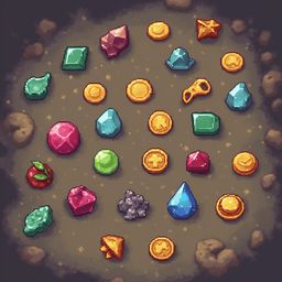 A circular arrangement of 24 colorful gems, gold coins, and crystals on a dark brown ground.