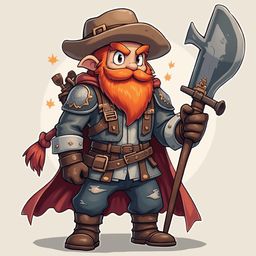 A confident red-haired elf-like character, dressed in medieval attire, holds a large axe and stands against a light beige background.