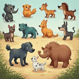 A diverse group of cartoon animals, including elephants, dogs, hyenas, and a hippopotamus, gather in a lush green setting.