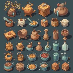 A grid of 24 colorful, whimsical objects includes plants, vases, bowls, bottles, and figurines, set against a dark blue background.