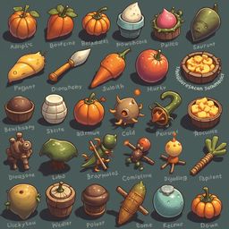 A grid of 25 unique fruits and vegetables, each with a unique texture and color, is set against a dark gray background.