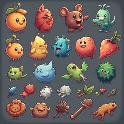 A grid of 25 whimsical, cartoon-style creatures features various colors, shapes, and expressions, arranged against a dark gray background.