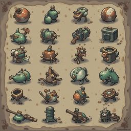 A grid of 25 whimsical, cartoon-style creatures in various poses and colors, set against a sandy background with scattered objects.