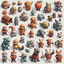 A grid of 32 colorful, whimsical creatures with unique features and attire, arranged in a playful and dynamic composition.