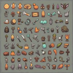 A grid of 32 pixel art items includes fruits, vegetables, weapons, potions, and creatures in various colors and designs.