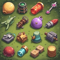 A grid of colorful, unique objects on a green field, including cylindrical containers, spherical balls, spiral shapes, and boxes.