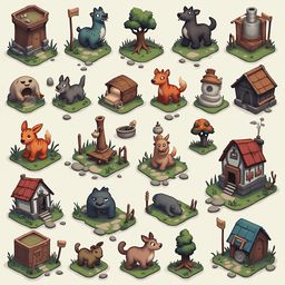 A grid of colorful, whimsical houses and animals, including dogs, cats, rabbits, and birds, features various features and symbols.