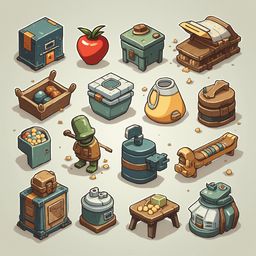 A grid of colorful, whimsical objects includes a red apple, green crate, yellow vase, blue box, green frog, brown bear, blue canister, and green robot.