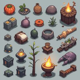 A grid of isometric illustrations features various objects and plants in earth-toned colors, ranging from abstract shapes to realistic representations.
