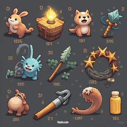 A grid of nine illustrated objects, including a rabbit, cat, lantern, sword, tree, wreath, bottle, and creature, displays unique numbers and symbols.
