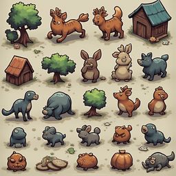 A grid of sixteen cartoon animals, including dogs, rabbits, bears, monkeys, elephants, octopuses, hippos, and pigs, coexist in a vibrant and colorful setting.