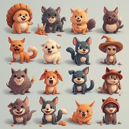 A grid of sixteen cartoon dogs in various colors and poses, displaying diverse expressions and actions.