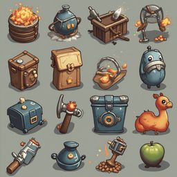 A grid of sixteen colorful and unique objects, including a barrel, vase, box, cannon, suitcase, treasure chest, hammer, bird, apple, and tool, arranged against a muted gray background.