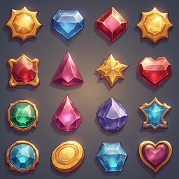 A grid of sixteen unique gemstones and gold objects, each with distinct colors, shapes, and meanings, arranged against a dark gray background.