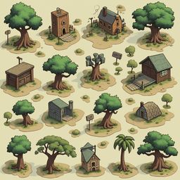A grid of sixteen whimsical houses and trees, each unique in style and function, rests on a light brown ground with scattered rocks.