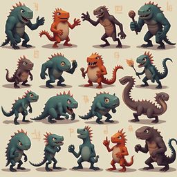 A grid of twelve cartoon dinosaurs in various shades of green, orange, and brown, each with unique poses and accessories, stands against a light beige backdrop.