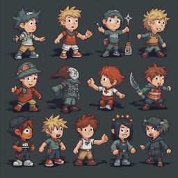 A grid of twelve pixel art characters, dressed in vibrant outfits, poses against a dark gray background.
