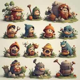 A grid of twelve whimsical, cartoon-like creatures with unique features and attire, set against a light green backdrop.