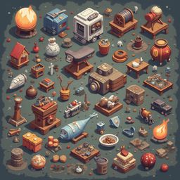 A grid of whimsical, cartoon-like objects includes houses, vehicles, animals, and kitchen items, set against earthy tones.