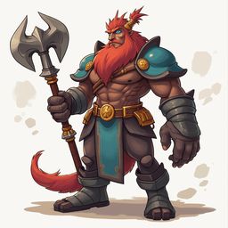 A muscular, bearded warrior in red and blue armor holds a large axe, standing confidently with determined eyes and a serious expression.