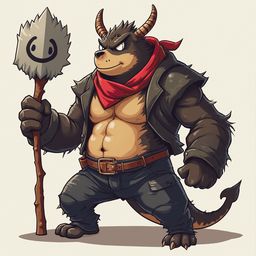 A muscular, horned creature with a red bandana, gray jacket, and brown pants holds a stick with a smiley face, standing confidently on a gray surface.