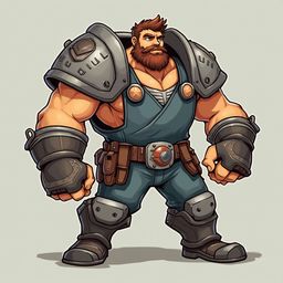 A muscular man with brown hair, beard, and mustache wears blue overalls, red and silver shoulder pads, brown boots, and gloves, standing in a fighting stance.