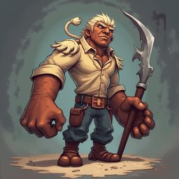 A muscular man with white hair, brown skin, and facial hair, dressed in beige and blue, holds a large silver spear and brown pouch.