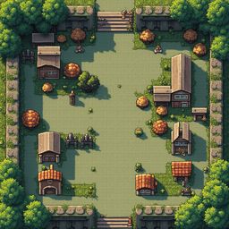 A pixel art village features buildings, trees, bushes, mushrooms, and mushrooms, with pathways connecting them at a stone wall.