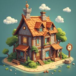 A quaint cottage with red roof, stone walls, and wooden features sits on a small island, surrounded by water and clouds.