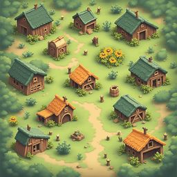 A quaint village features wooden houses with green roofs, surrounded by lush greenery and vibrant yellow flowers.