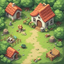 A quaint village scene features red-roofed houses, a winding dirt path, trees, bushes, rocks, a barrel, and a bench.