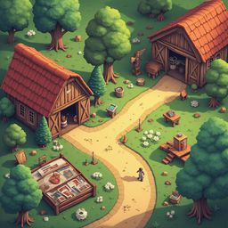 A quaint village scene features red-roofed wooden buildings, a winding dirt path, trees, bushes, flowers, and a person walking.