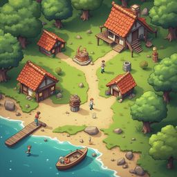 A quaint village with red-roofed houses, a central path, and a dock is set amidst lush greenery and a serene body of water.