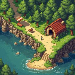 A rustic cabin sits on a cliff overlooking a serene river, surrounded by lush greenery and two individuals.
