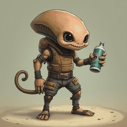 A small alien-like creature with a round head, yellow body, and blue eyes, holds a green spray can while standing on a sandy surface.