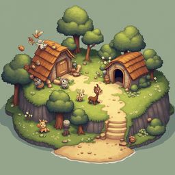 A whimsical village scene features two wooden buildings, animals, and lush greenery, with a winding path and small body of water.