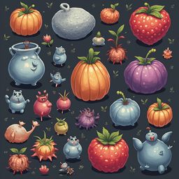 An array of whimsical, anthropomorphic fruits and vegetables in vibrant colors, scattered across a dark background.