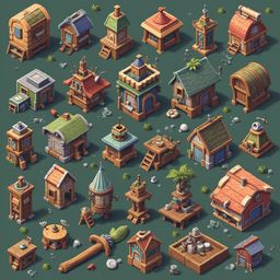An assortment of colorful, whimsical houses and structures, varying in size and design, are scattered across a green backdrop.