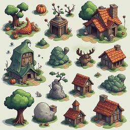 An illustration of whimsical houses and trees in various styles and colors, scattered across a light green canvas.