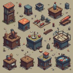 An isometric collection of colorful, whimsical buildings and objects in various sizes and styles, set against a neutral gray backdrop.