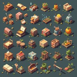 An isometric collection of miniature buildings, trees, flowers, and objects in various colors and styles.