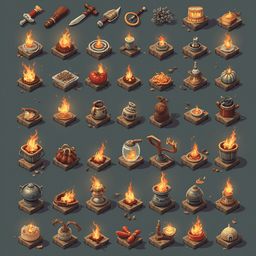 An isometric grid showcases 25 unique fire-powered objects, ranging from bowls and teapots to axes and vases, with flames emanating from every object.
